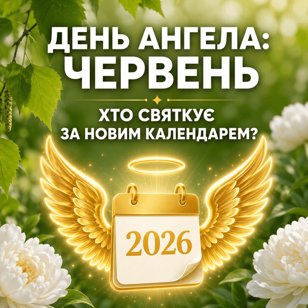 Сучасна графічна заставка про іменини у червні 2026 року за новим церковним календарем з символічними золотими крилами на фоні літніх квітів.