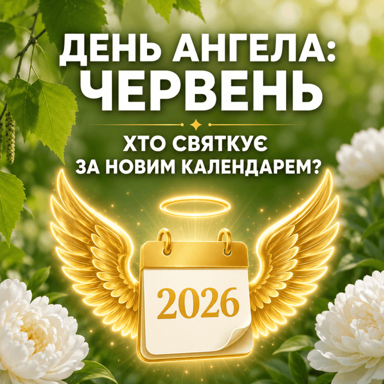Сучасна графічна заставка про іменини у червні 2026 року за новим церковним календарем з символічними золотими крилами на фоні літніх квітів.