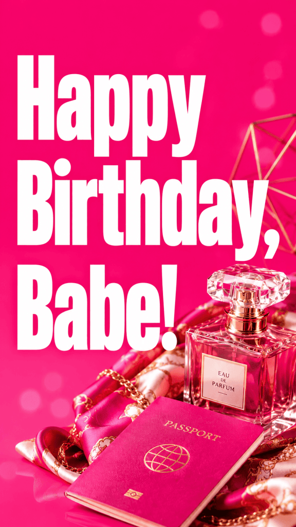 Естетичне люксове фото для Instagram сторіз Happy Birthday Babe з парфумами, шовковими аксесуарами та атрибутами подорожей.