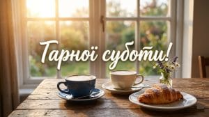 Головна картинка з суботою для друзів із зображенням двох чашок кави на дерев'яному столі.