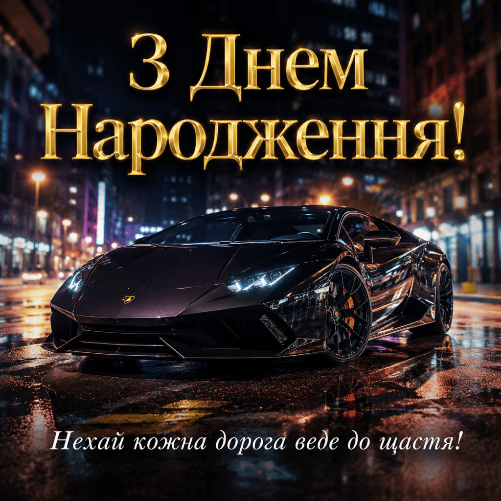 Розкішний спортивний автомобіль на нічній вулиці міста з неоновими відблисками на мокрому асфальті. Золотий напис «З Днем Народження!» та білий підпис «Нехай кожна дорога веде до щастя!».