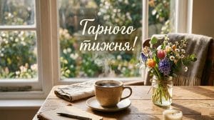 Головна картинка з побажанням гарного тижня: ранкова кава та весняні квіти на фоні сонячного вікна.