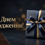 Стильна головна картинка з днем народження чоловіку з подарунком та святковим фоном