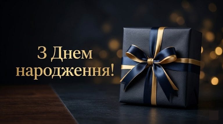 Стильна головна картинка з днем народження чоловіку з подарунком та святковим фоном