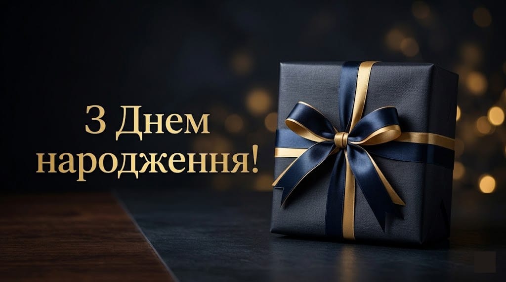 Стильна головна картинка з днем народження чоловіку з подарунком та святковим фоном