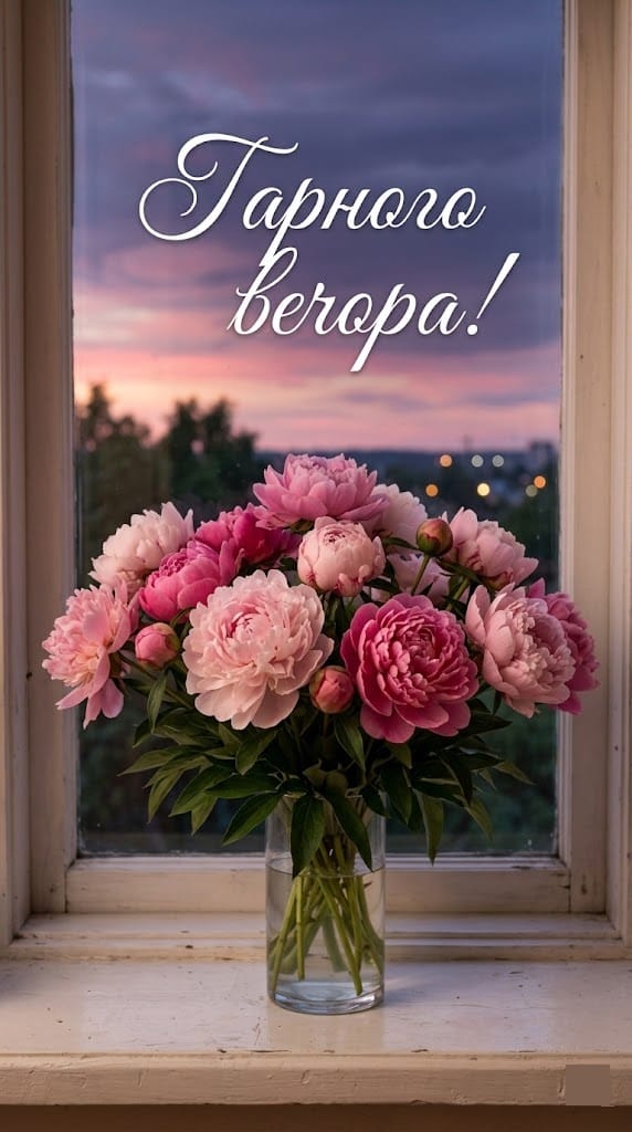 Ніжні картинки доброго вечора з квітами на підвіконні