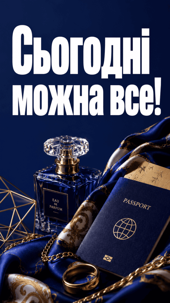 Елітна, сучасна листівка з днем народження подрузі на синьому фоні з парфумами, шовковими аксесуарами та атрибутами люксових подорожей.