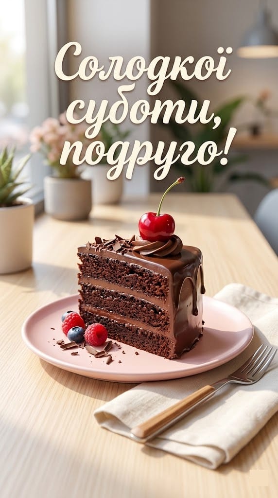 Солодкі картинки з суботою для найкращої подруги, апетитний шматочок шоколадного торта.
