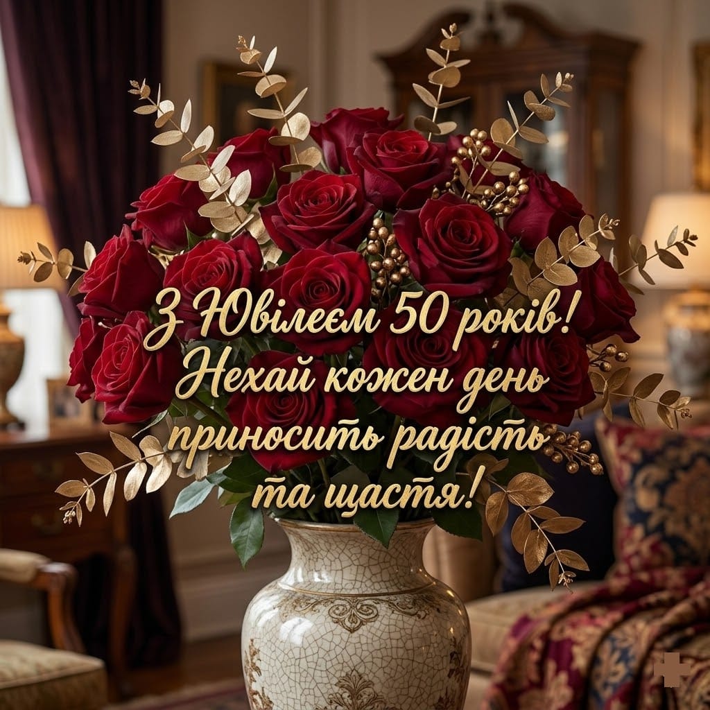 Красива картинка з ювілеєм 50 років жінці: розкішний букет троянд.