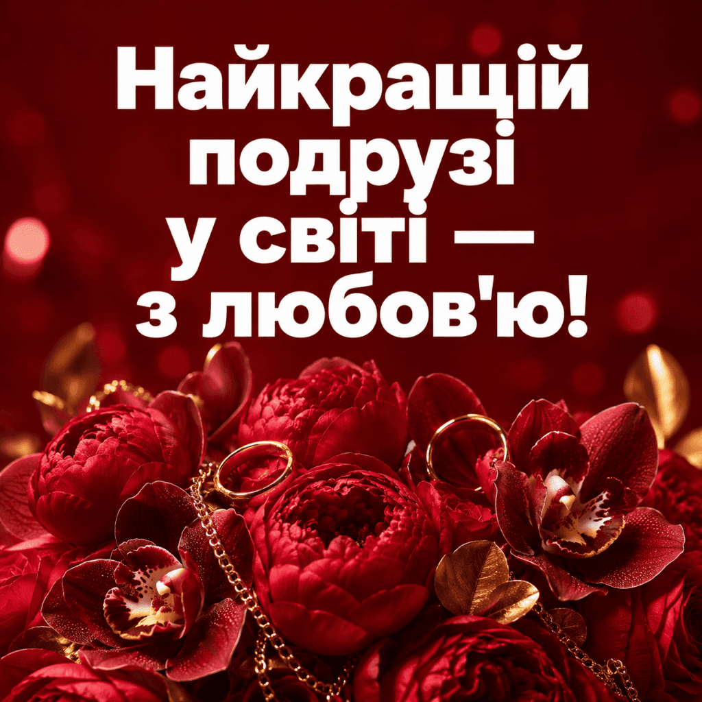 Елітна листівка з днем народження найкращій подрузі з пишним букетом піоноподібних троянд, орхідей та золотими аксесуарами.