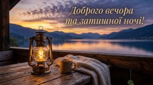 Красиві побажання доброго вечора на фоні заходу сонця над гірським озером