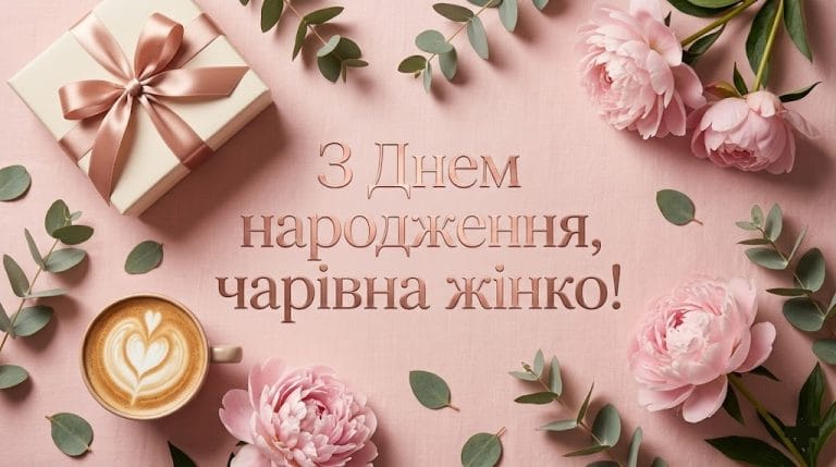 Красива та оригінальна картинка з днем народження жінці: подарункова коробка, кава та квіти.