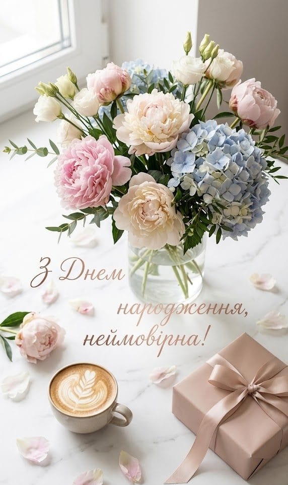 Сучасна естетична Flatlay-листівка з днем народження для жінки: ніжні рожеві півонії, біла мармурова поверхня, чашка кави з лате-артом та елегантне привітання українською мовою.