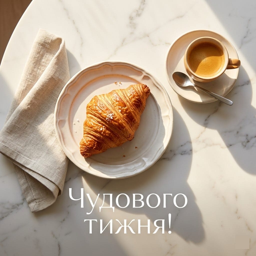 Надихаючі фото для чудового тижня: смачний ранковий круасан та кава.