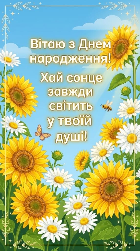 Оригінальна листівка з днем народження жінці: соняшники та побажання сонця в душі.