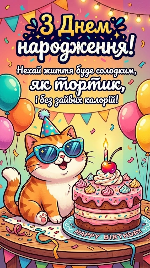 Прикольна картинка з днем народження для жінки з гумором: кумедний кіт та торт.