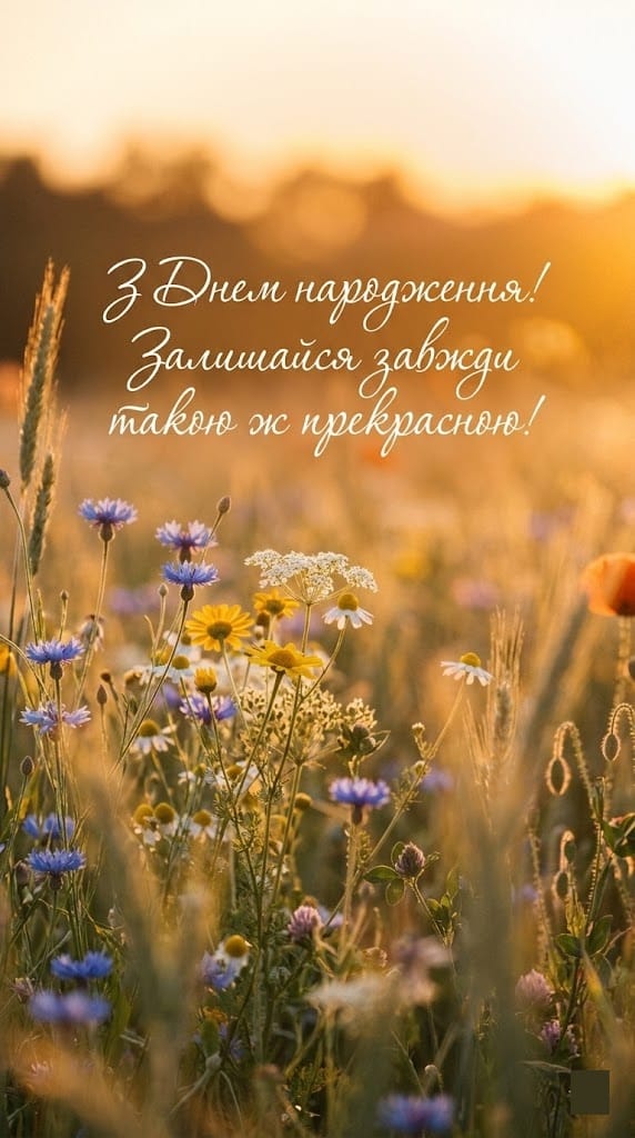 Сучасна картинка з днем народження для жінки: польові квіти на заході сонця.