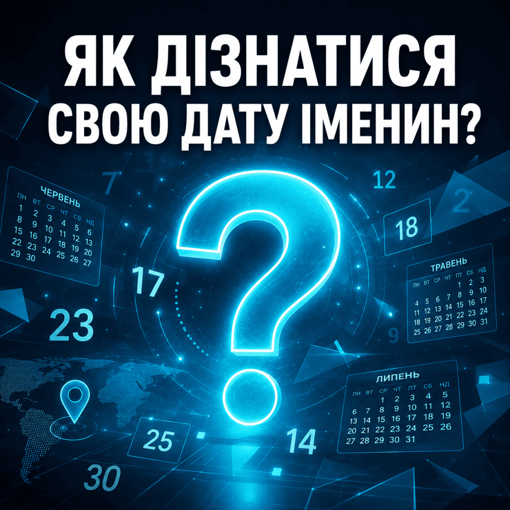 Графічне зображення зі стилізованим знаком питання, що світиться, та елементами календаря, що символізує пошук дати дня ангела.