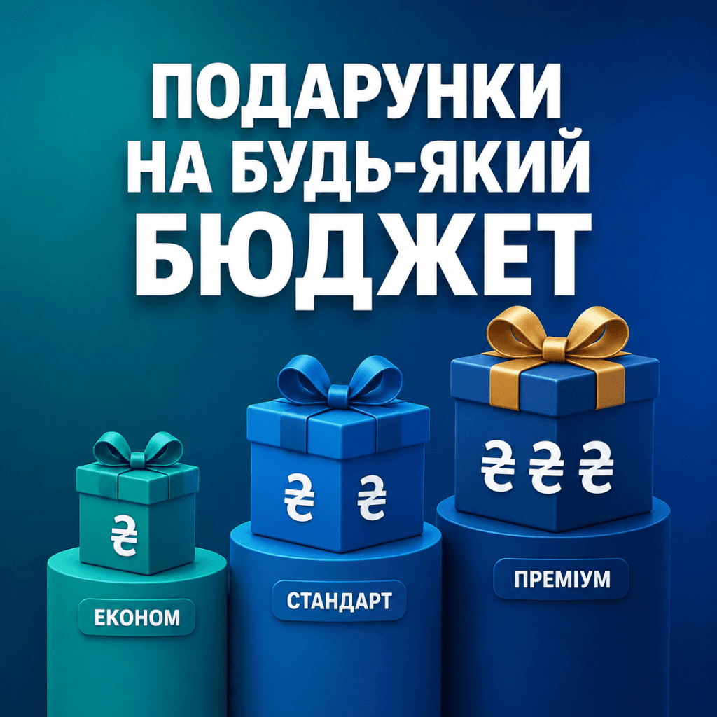 Три подарункові коробки різного розміру, що символізують різні цінові категорії подарунків.