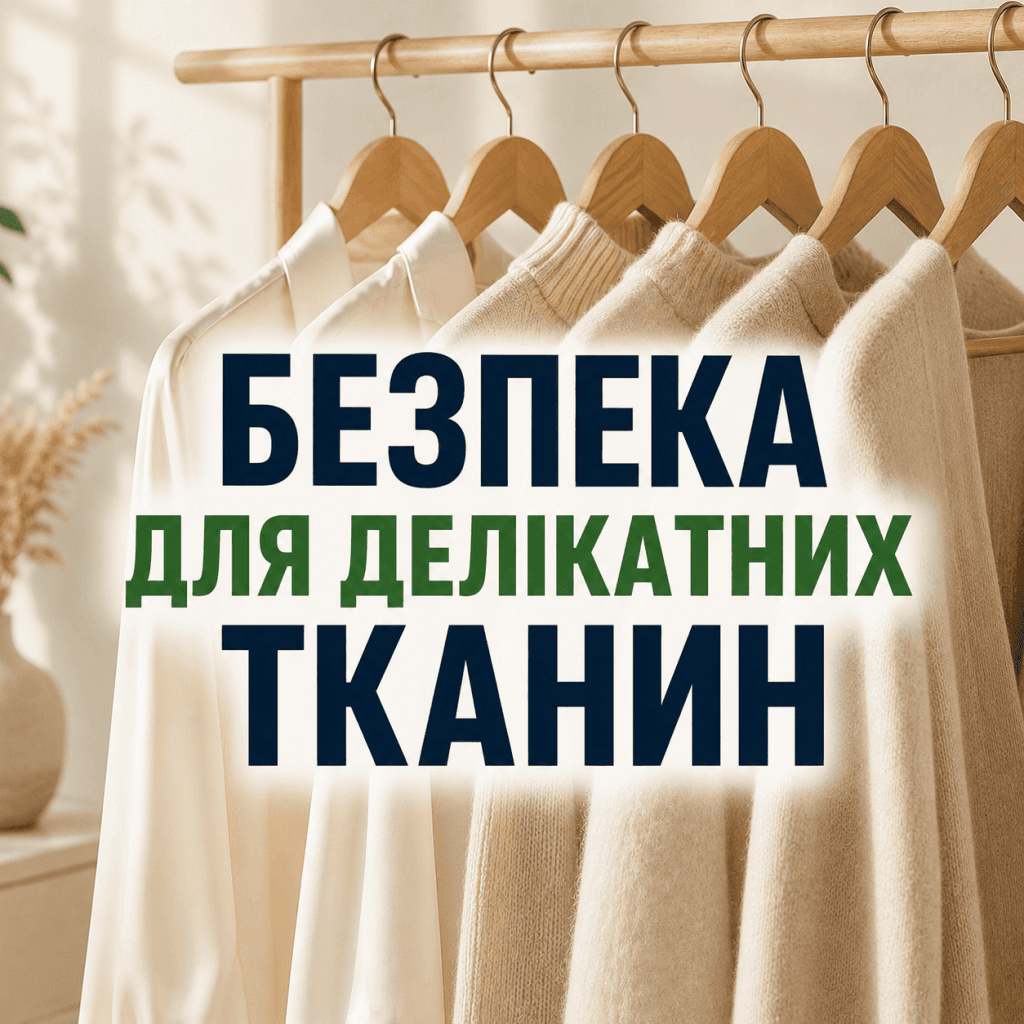 Шовкові та вовняні речі на дерев'яних вішалках, що символізують дбайливий та безпечний догляд за делікатними матеріалами.