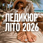 Дівчина з модним літнім педикюром 2026 року відпочиває на пляжі, головне фото.