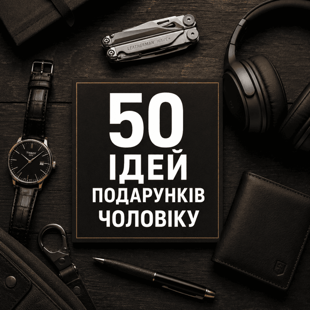 Сучасний стильний колаж із преміальними подарунками для чоловіка на день народження: годинник, мультитул, навушники.