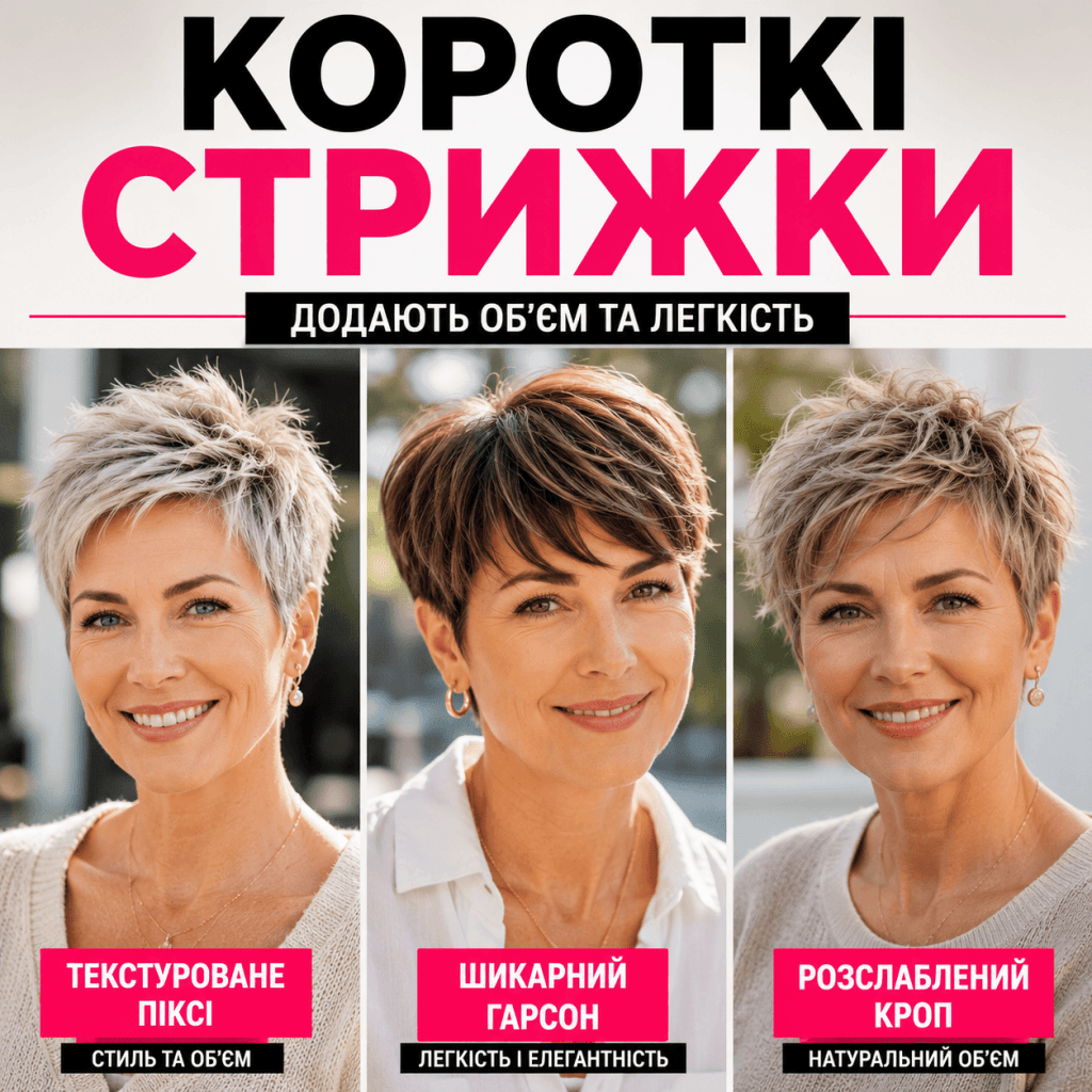 Короткі омолоджуючі стрижки для тонкого волосся після 40 років — моделі з піксі та гарсон.