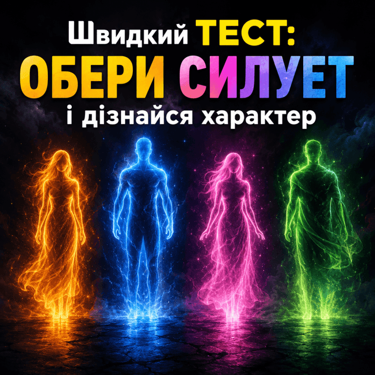 Головне зображення для статті про швидкий психологічний тест за картинкою, де користувачу пропонується обрати один із чотирьох ненових силуетів людей на темному фоні для визначення характеру.