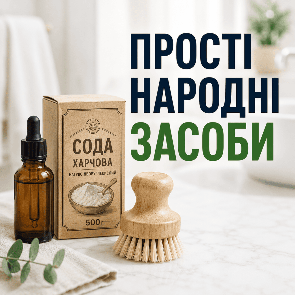 Домашні екологічні засоби для виведення плям — сода, щітка та аптечний флакон на світлій мармуровій поверхні.