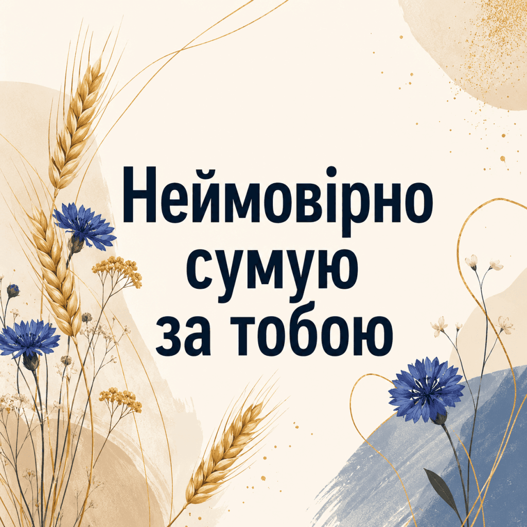 Оригінальна листівка сумую за тобою українською мовою з естетичним рослинним фоном.
