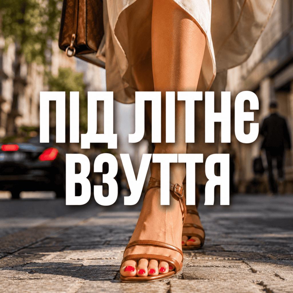 Модель йде по місту в стильних босоніжках, показуючи педикюр під відкрите літнє взуття.