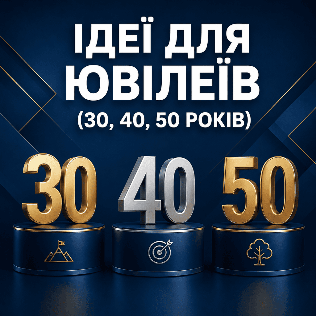 Стилізовані ювілейні цифри 30, 40 та 50 років на елегантному фоні, що символізують різні етапи життя чоловіка.
