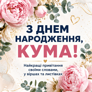 Привітання з днем народження кумі українською мовою на красивій святковій листівці