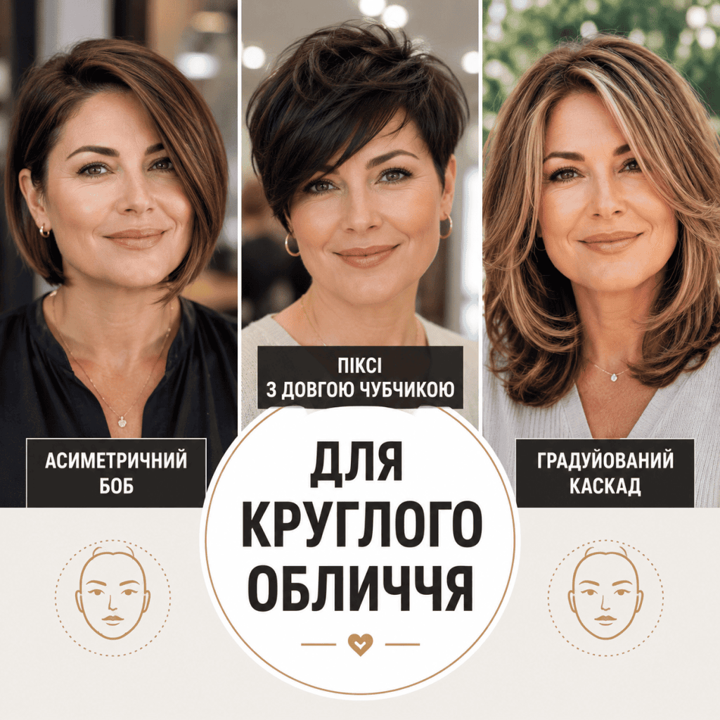Варіанти зачісок для круглого обличчя після 40 років — асиметричний боб, подовжена піксі та градуйований каскад на моделях.