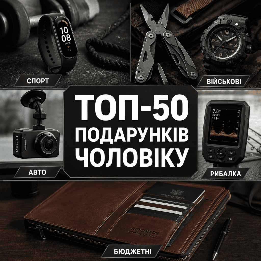 Сучасний фотоколаж із різноманітними ідеями чоловічих подарунків: тактичний годинник, фітнес-трекер, ехолот, автомобільний відеореєстратор та шкіряне портмоне.