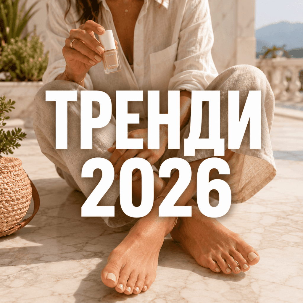 Стильна дівчина демонструє головні тенденції літнього педикюру 2026 року.