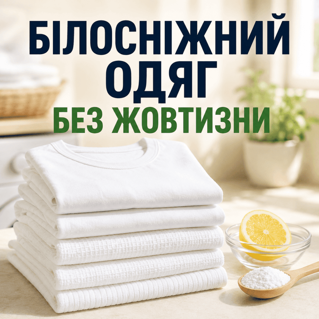 Стопка ідеально чистого білого одягу поруч із натуральними компонентами для вибілювання тканини від жовтизни.