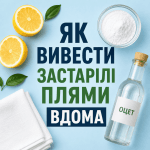 Естетичний флетлей із лимоном, содою та білою тканиною на ніжно-блакитному фоні з великим написом про виведення плям вдома.