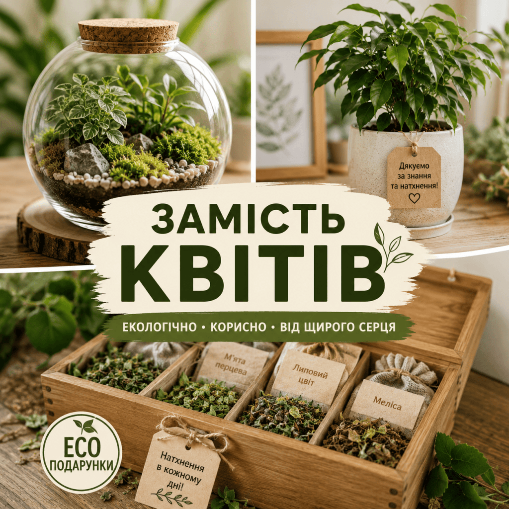 Колаж екологічних подарунків для вчителя замість класичних зрізаних квітів.