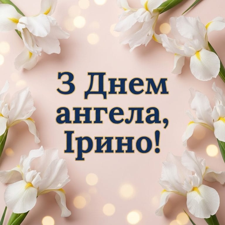 Головна святкова листівка з Днем ангела Ірини з білими ірисами та привітальним текстом на ніжному фоні.