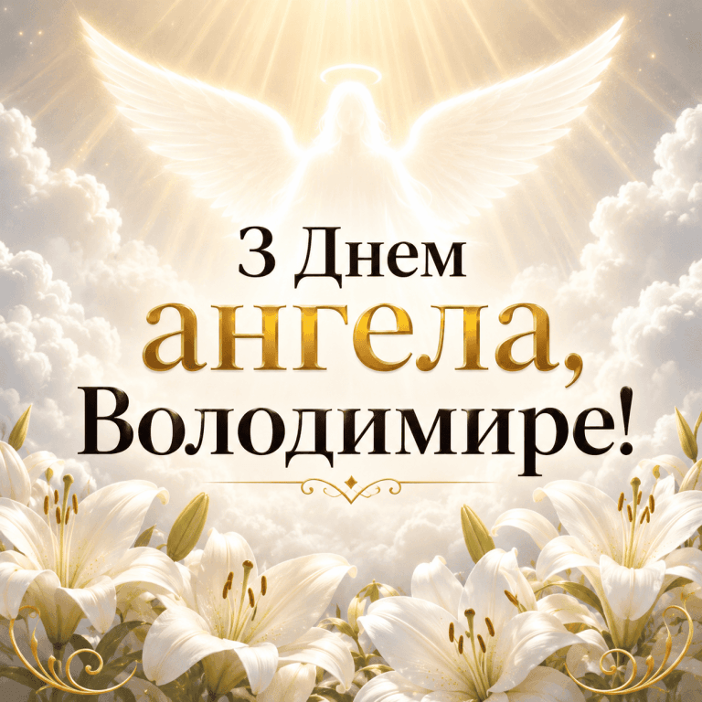 Елегантна листівка з Днем ангела Володимира із силуетом ангела, білими ліліями та золотим текстом.