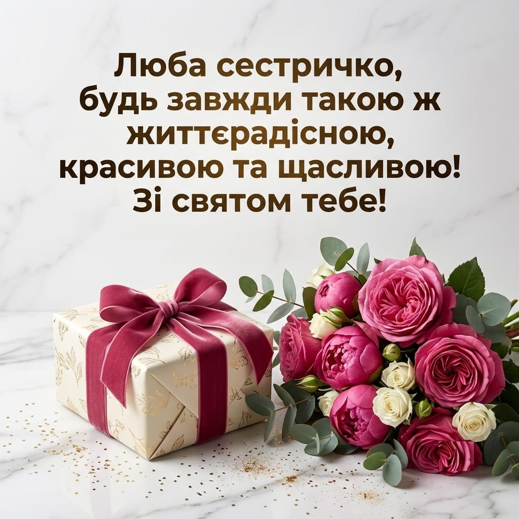 Витончена листівка з красивим подарунком та трояндами для старшої сестри
