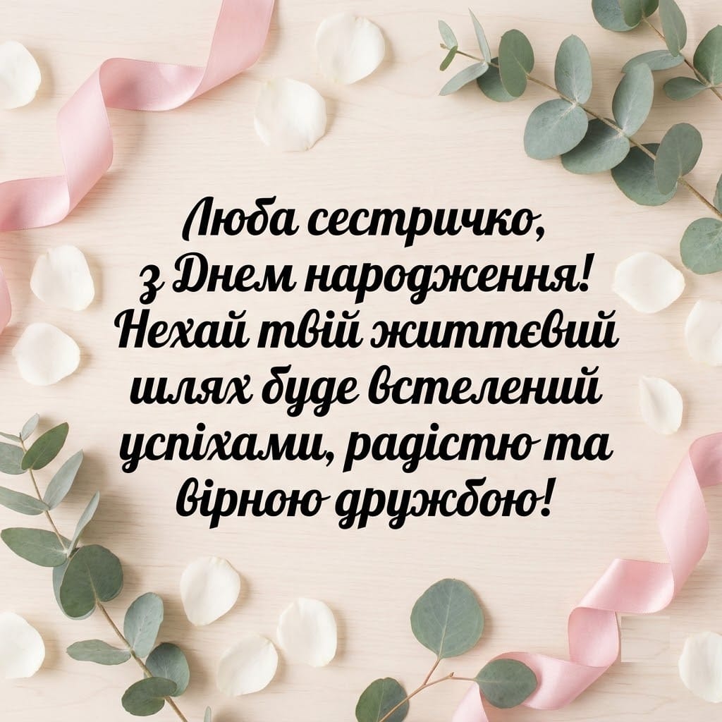 Головна святкова листівка з днем народження сестрі з ніжними квітами та тортом