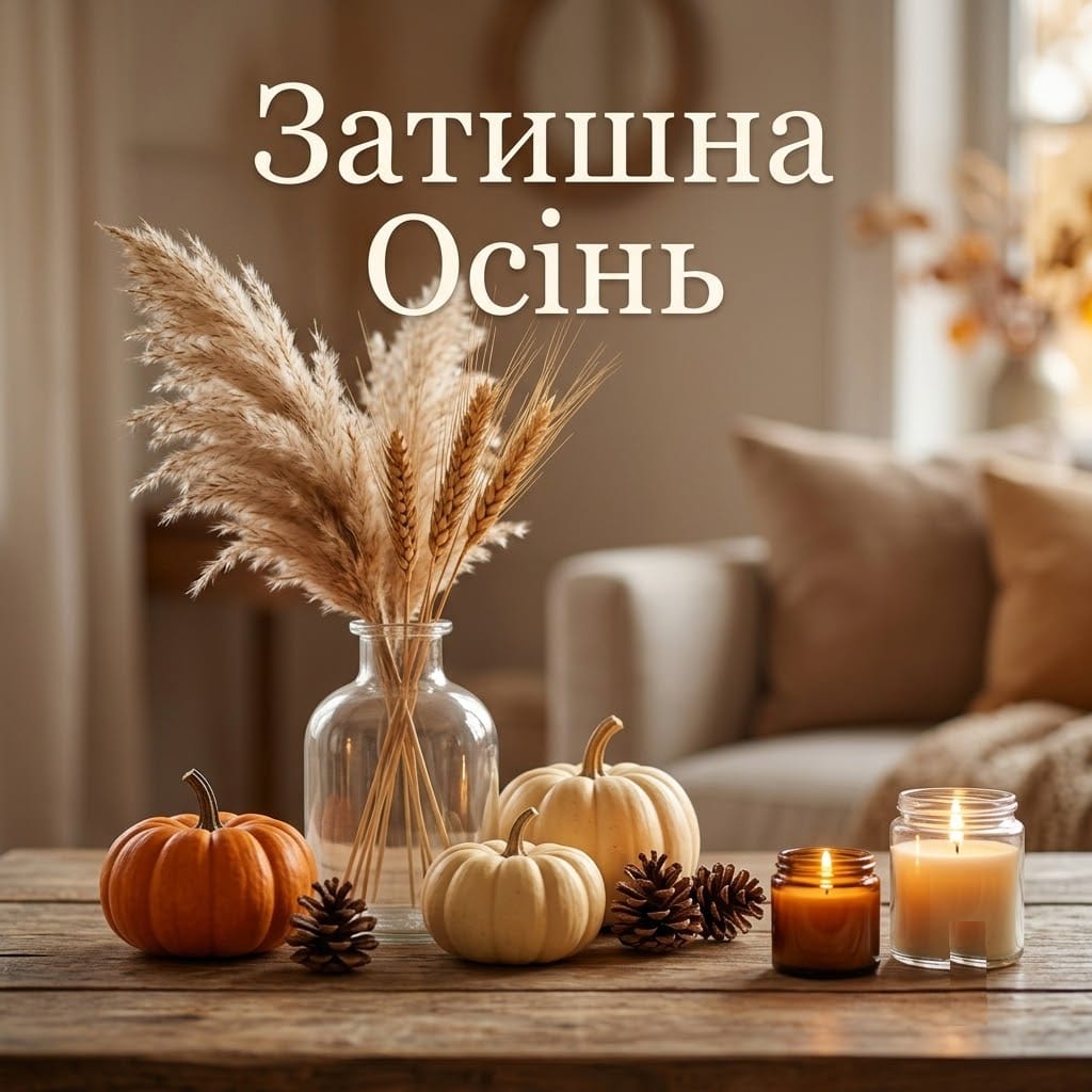 Затишний осінній декор для дому з природних матеріалів на дерев'яному столі