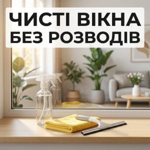 Сяюче чисте вікно з пульверизатором та серветками з мікрофібри на підвіконні