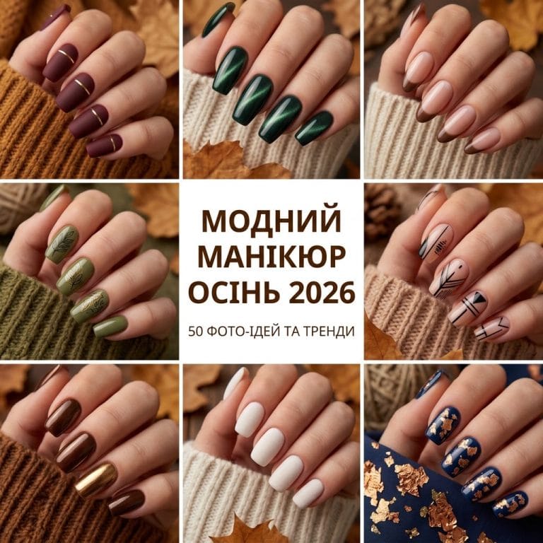 Головне фото статті: Колаж із 8 різних стильних осінніх дизайнів манікюру 2026 року з текстом українською мовою.