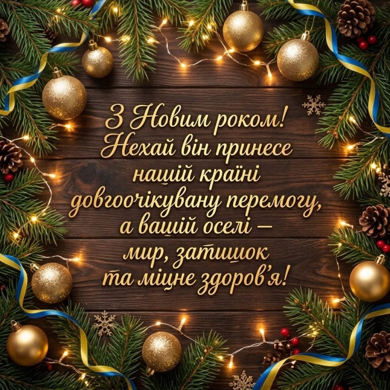 Головна листівка привітання з Новим роком 2027 з побажанням миру, перемоги та здоров'я