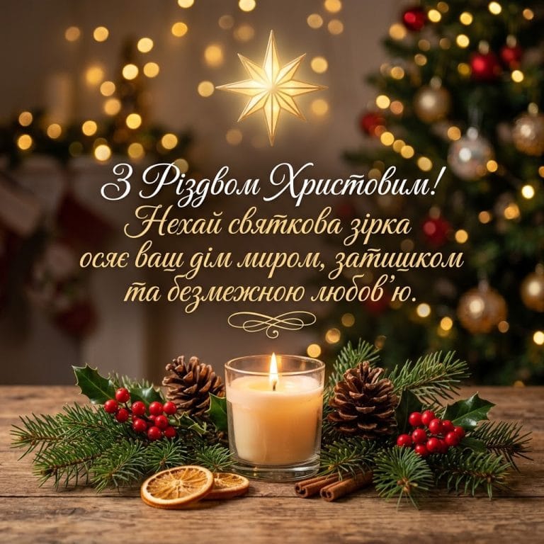 привітання з різдвом христовим затишна святкова композиція зі зіркою
