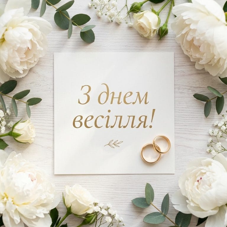 Елегантна вітальна листівка з днем весілля у ніжних тонах з квітами та обручками