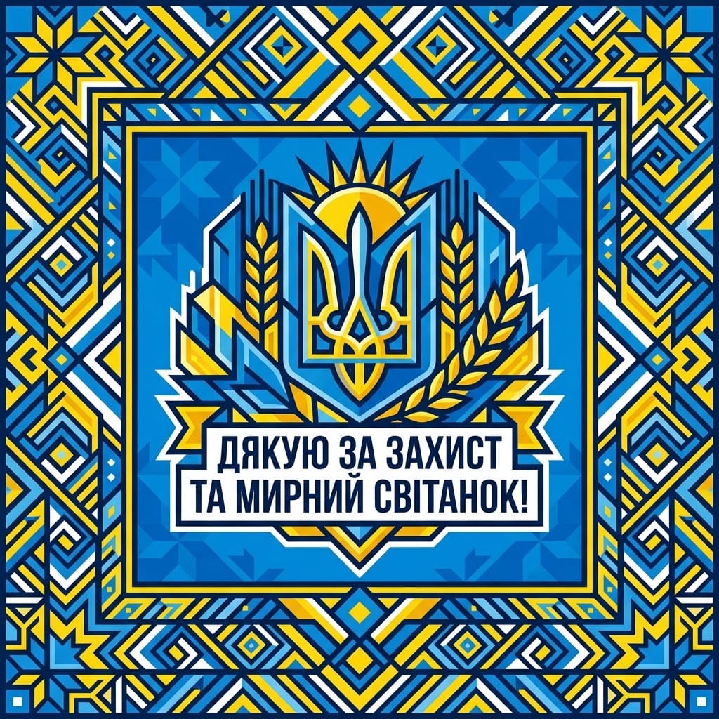 Патріотична векторна картинка з написом Дякую за захист та орнаментом